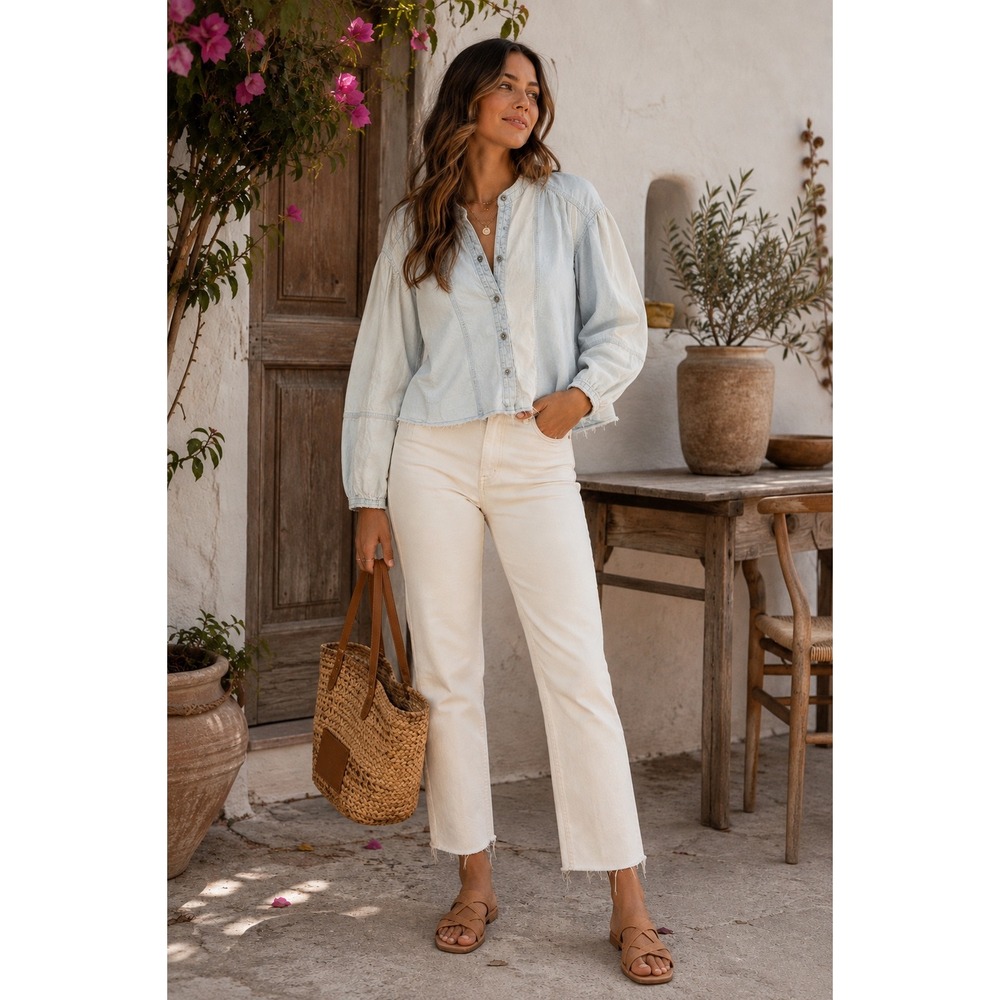 Free People We The Free Denim Button Down Top Light Wash Blue XS